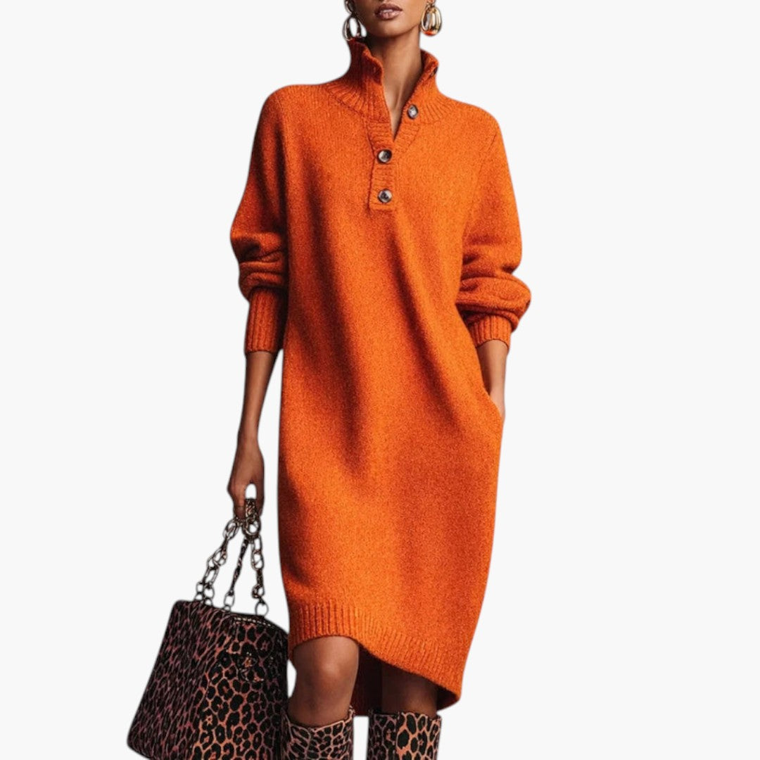 Women Midi Dress Long Sleeve High Neck