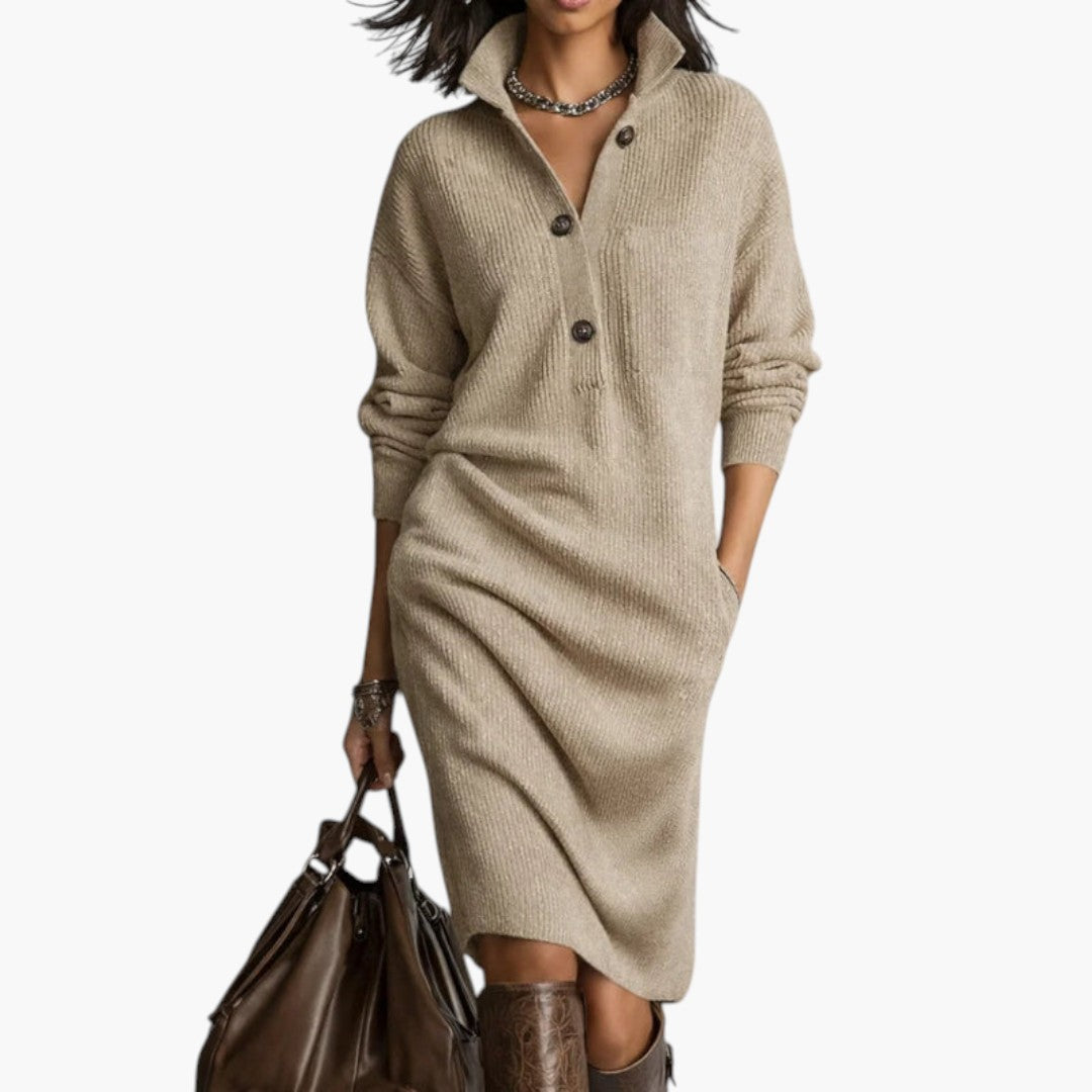 Women Midi Dress Long Sleeve High Neck
