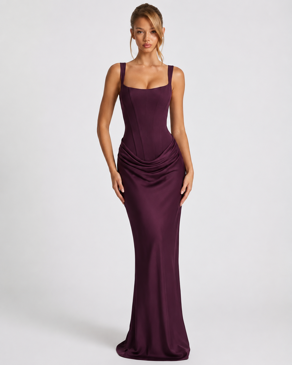 Maxi Dress Corset Bodice Draped Skirt Square Neckline | Clea