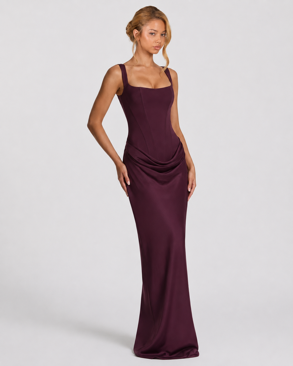 Maxi Dress Corset Bodice Draped Skirt Square Neckline | Clea