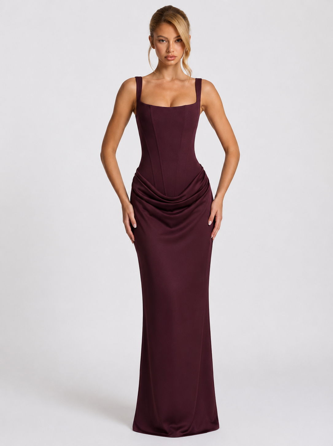 Maxi Dress Corset Bodice Draped Skirt Square Neckline | Clea