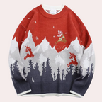 Christmas Sweater Men Embroidered Reindeer Rainbow Print Crew Neck