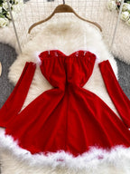 Christmas Party Dress Women Sexy Low Cut Feather Trim Sleeveless Mini