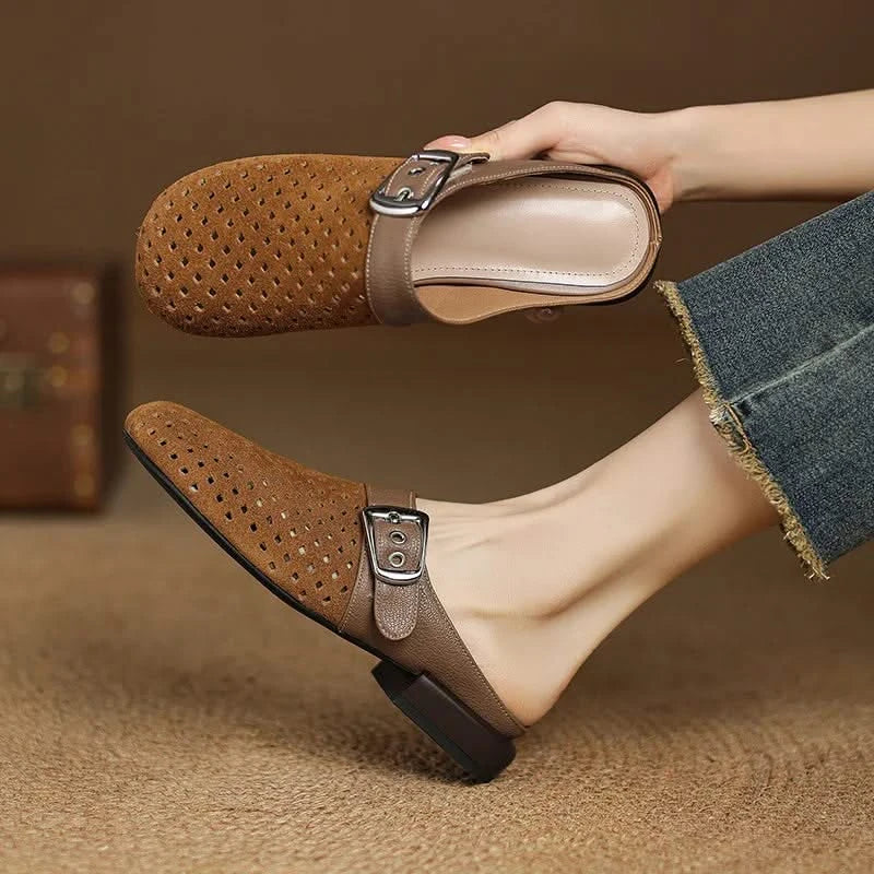 Women Suede Leather Clogs Buckle Strap