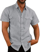 Linen Shirt Men Short Sleeve Casual Plus Size Solid Turn Down Collar