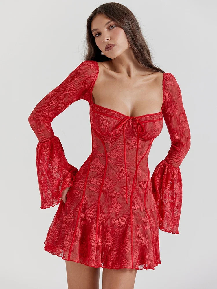 Women Lace Mini Dress Flared Long Sleeves | Zara
