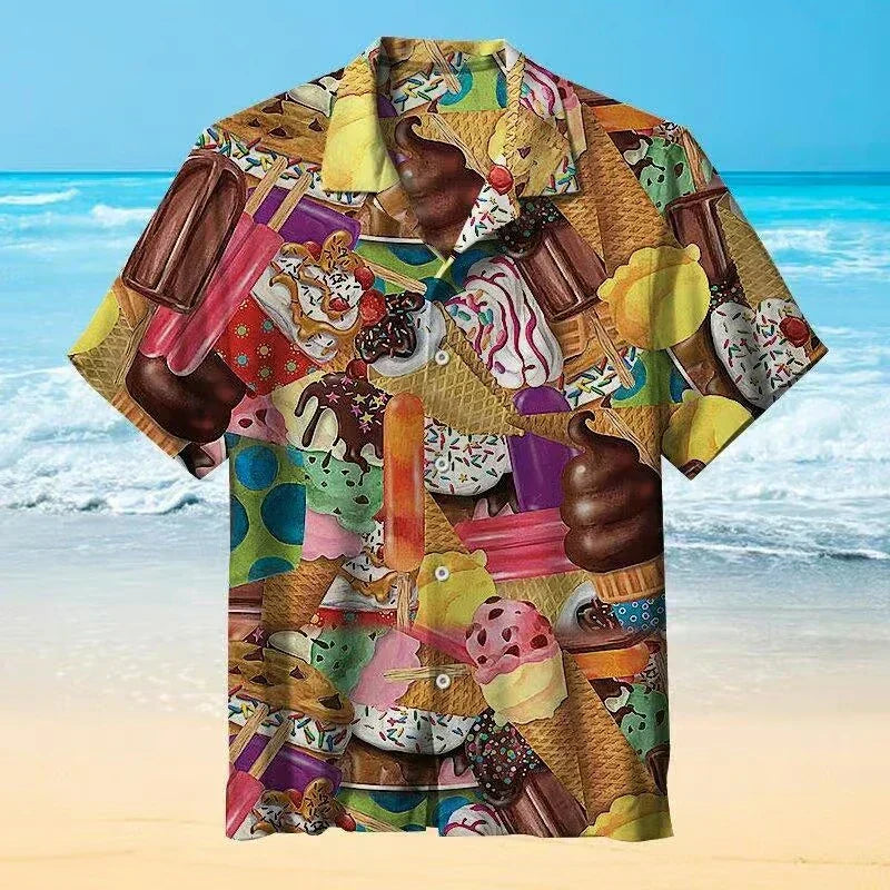 Hawaiian Shirt Men Casual Short Sleeve Ice Cream Graphic Print