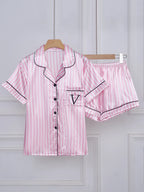 Satin Pajamas Women Short Sleeve 2 Piece Set Striped Embroidered