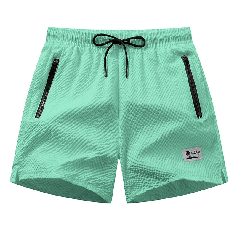 Men Swim Shorts Seersucker Quick Dry Mesh Lined Zipper Pockets