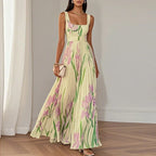 Birdie | Maxi Dress | Floral Square Neck, Pleated Wedding Guest | Multi