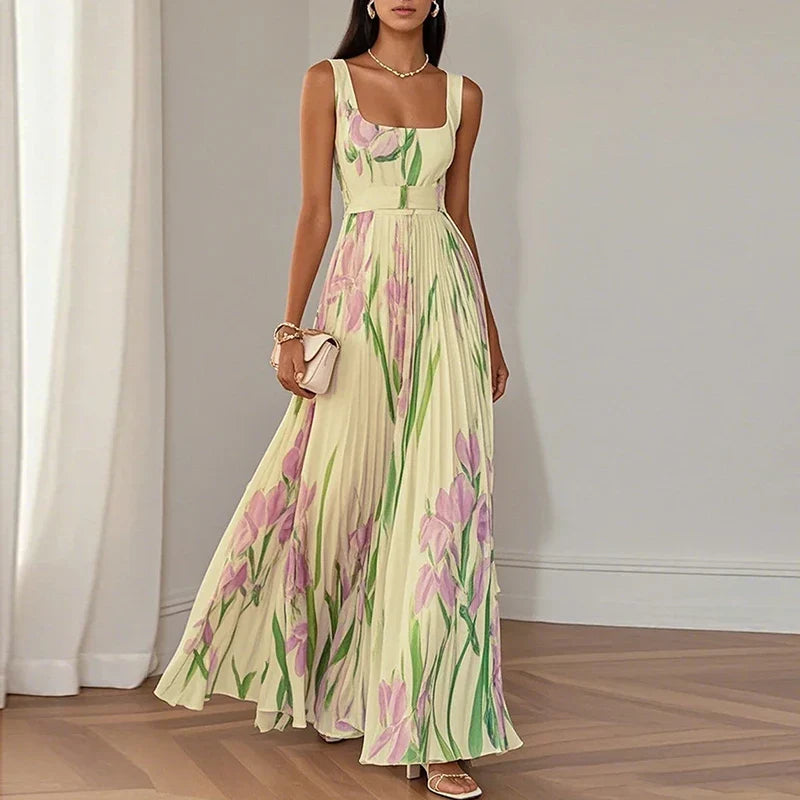 Birdie | Maxi Dress | Floral Square Neck, Pleated Wedding Guest | Multi