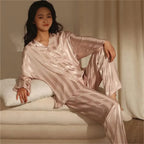 Satin Pajamas Women 2 Piece Striped Long Sleeve Button Up Set