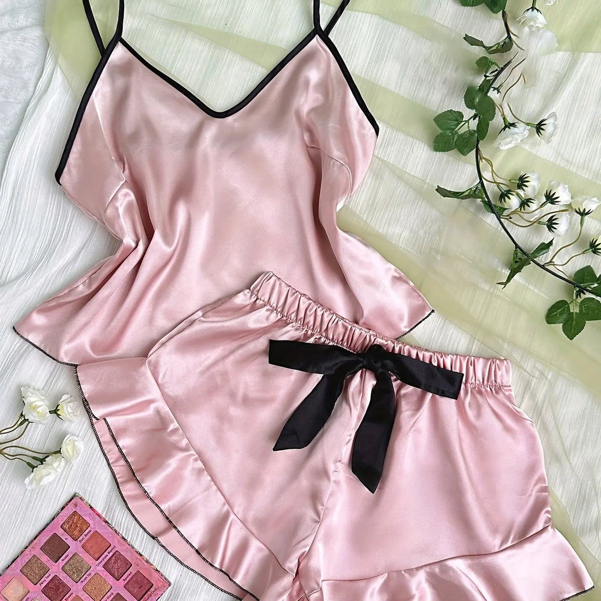 Satin Pajamas Women Short 2 Piece Set Sleeveless Top Ruffle Trim