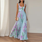 Birdie | Maxi Dress | Floral Square Neck, Pleated Wedding Guest | Multi