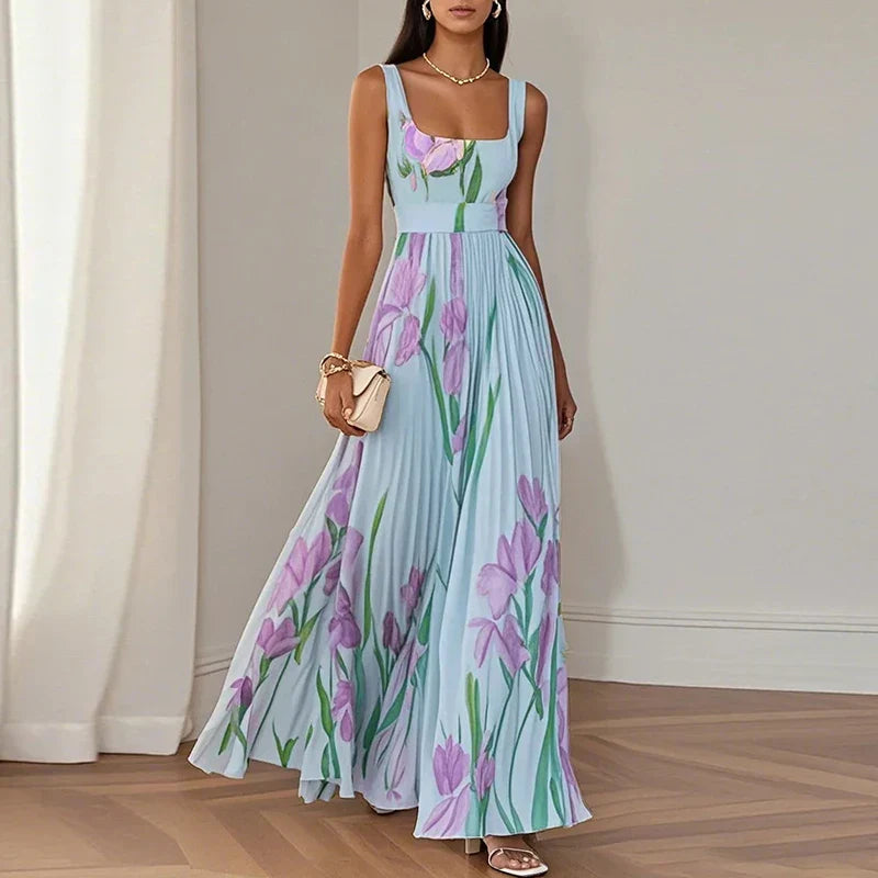 Birdie | Maxi Dress | Floral Square Neck, Pleated Wedding Guest | Multi