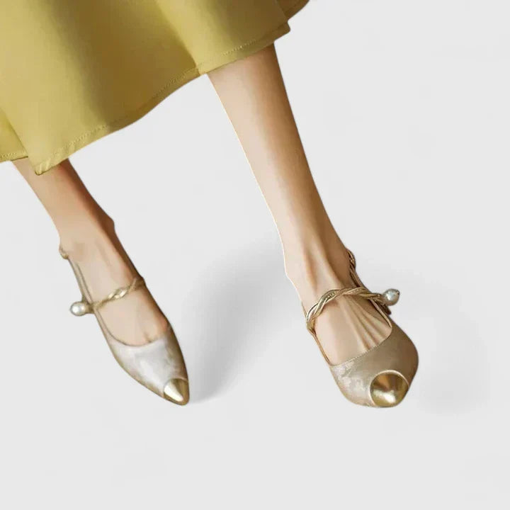 Women Block Heel Pumps Jacquard Pearl Strap