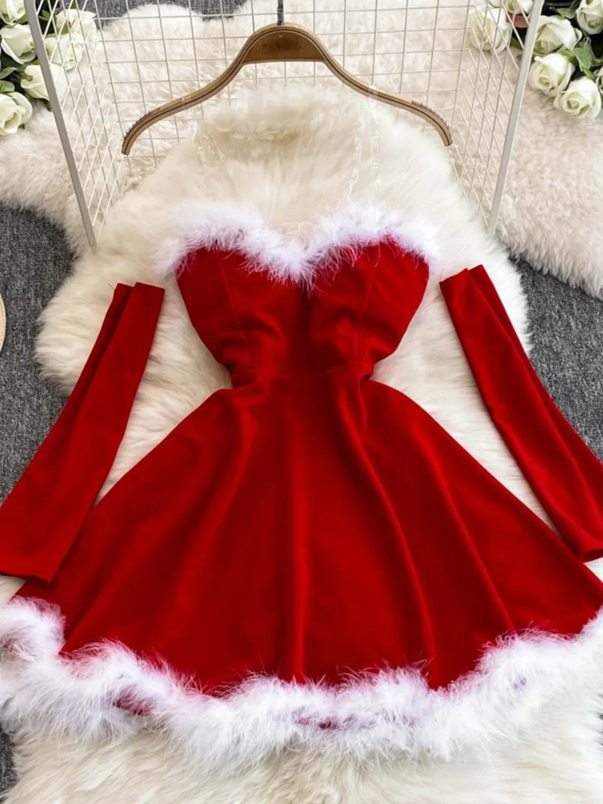 Christmas Party Dress Women Sexy Low Cut Feather Trim Sleeveless Mini
