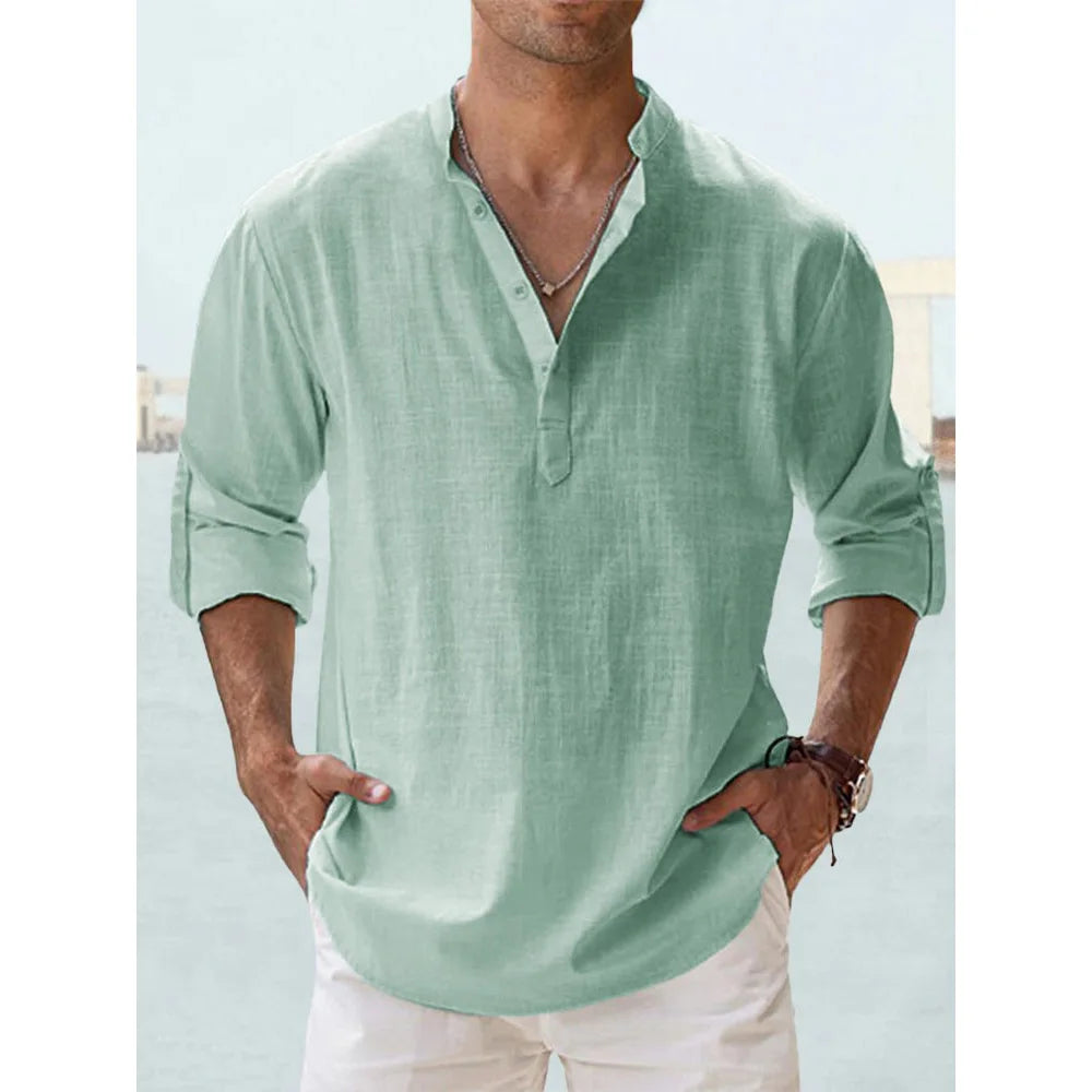 Hawaiian Shirt Men | Cotton Linen Lightweight Long Sleeve Beach Shirt