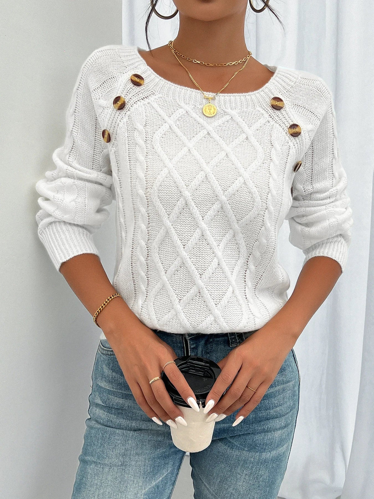 Seraphina | Women's Winter Sweater | Cable Knit, Button Detail