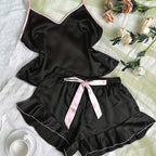 Satin Pajamas Women Short 2 Piece Set Sleeveless Top Ruffle Trim