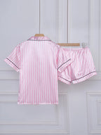 Satin Pajamas Women Short Sleeve 2 Piece Set Striped Embroidered