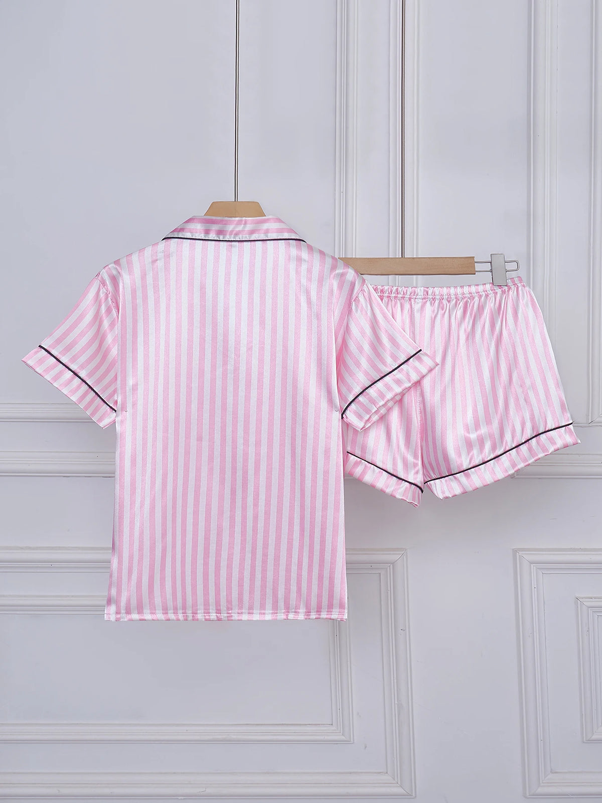 Satin Pajamas Women Short Sleeve 2 Piece Set Striped Embroidered