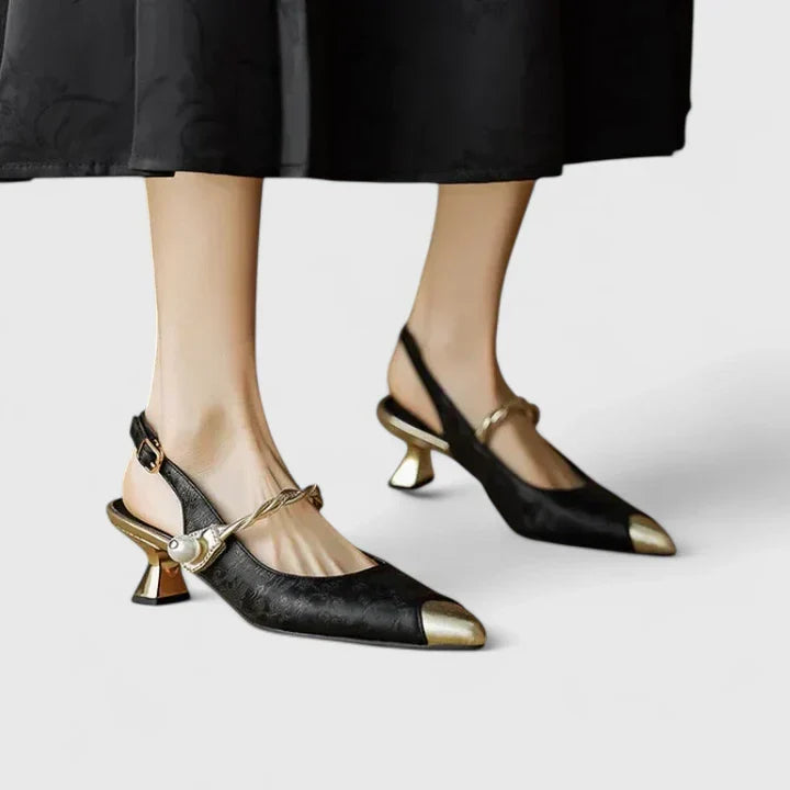 Women Block Heel Pumps Jacquard Pearl Strap