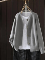 Women Cardigan Pearl Button Crew Neck Relaxed Fit