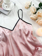 Satin Pajamas Women Short 2 Piece Set Sleeveless Top Ruffle Trim