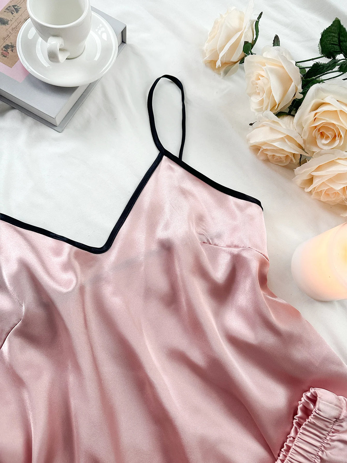 Satin Pajamas Women Short 2 Piece Set Sleeveless Top Ruffle Trim
