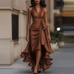 Halterneck Dress Women Maxi Wrap Asymmetric Hem | Honor