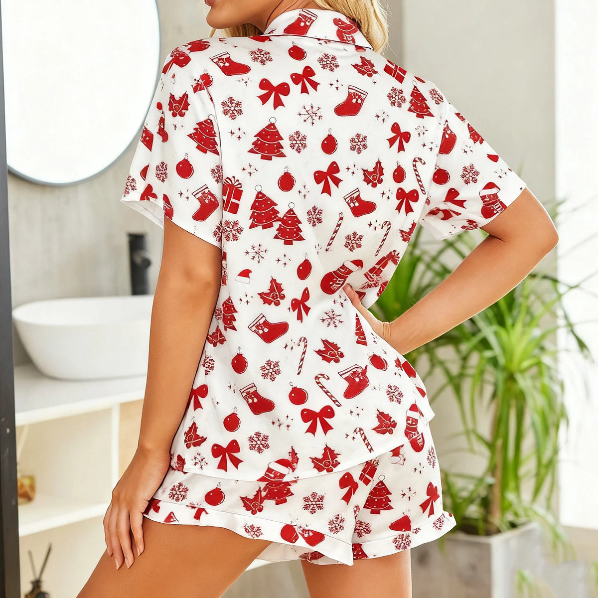 Christmas Pajamas Women 2 Piece Set Santa Print Short Sleeve