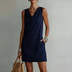 Amara | Women's Mini Dress | Cowl Neck, Sleeveless, A-Line | Side Pockets