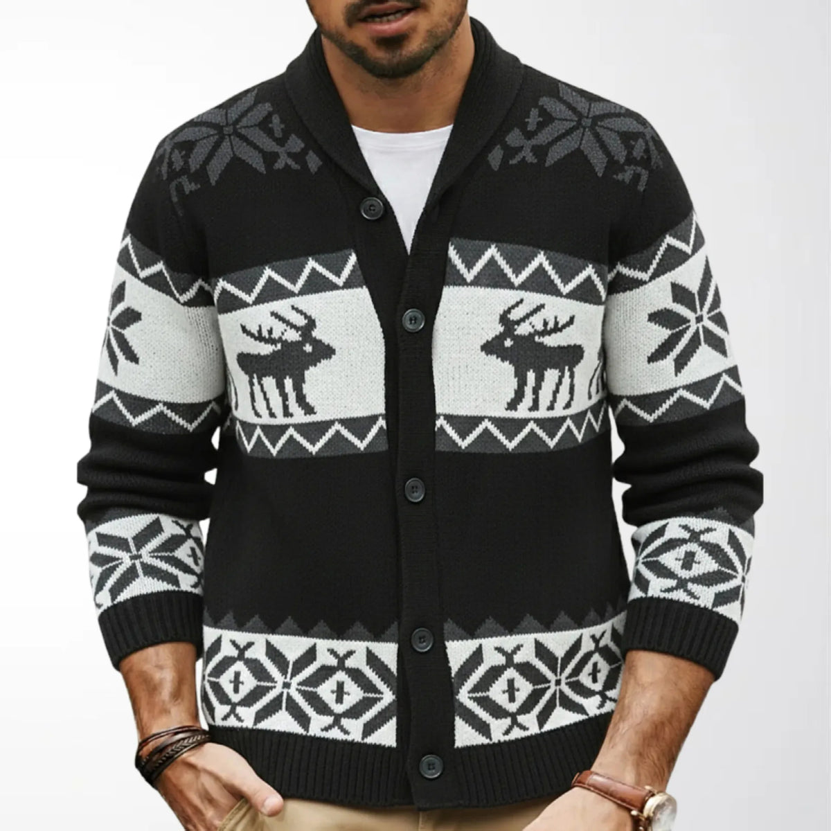 Mens christmas jumper deer jacquard knit cardigan long sleeve
