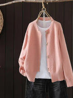 Women Cardigan Pearl Button Crew Neck Relaxed Fit