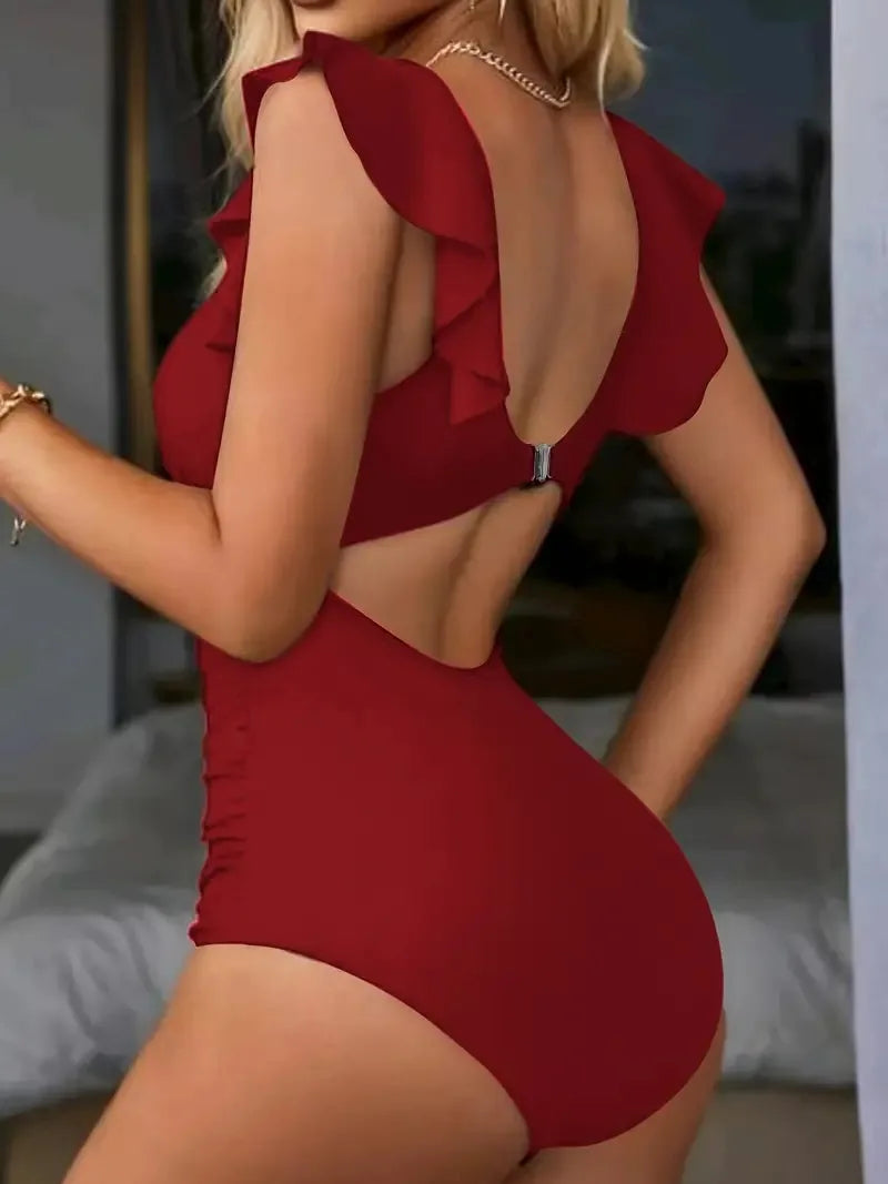 Women One Piece Swimsuit Tummy Control V Neck High Cut Mesh