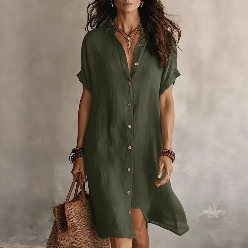 Women Shirt Dress Cotton Linen Loose Fit Button Down | Faye