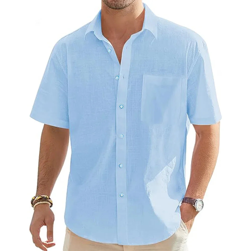 Linen Shirt Men Short Sleeve Cotton Casual Button Up Lightweight