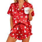 Christmas Pajamas Women 2 Piece Set Santa Print Short Sleeve