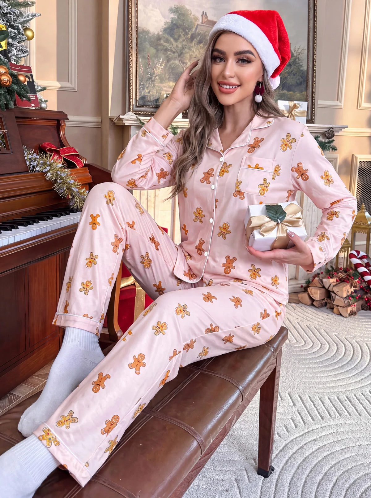 Women Christmas Pajama Set 2 Piece Long Sleeve Ankle Length Pants