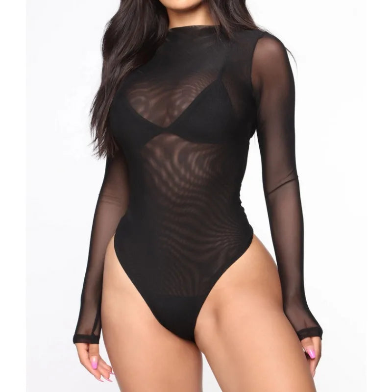 Tamsin | Women's Mesh Bodysuit | Harness Layering, Long Sleeve | Nude, Black