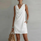 Amara | Women's Mini Dress | Cowl Neck, Sleeveless, A-Line | Side Pockets