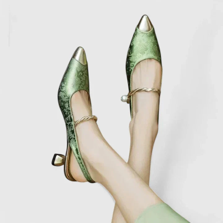 Women Block Heel Pumps Jacquard Pearl Strap