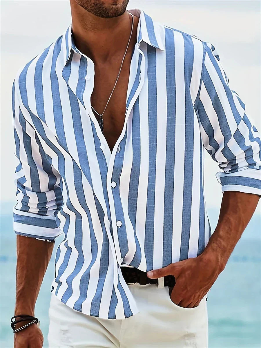 Leah | Men's Linen Shirt | Summer, Striped, Relaxed Fit | Blue & White