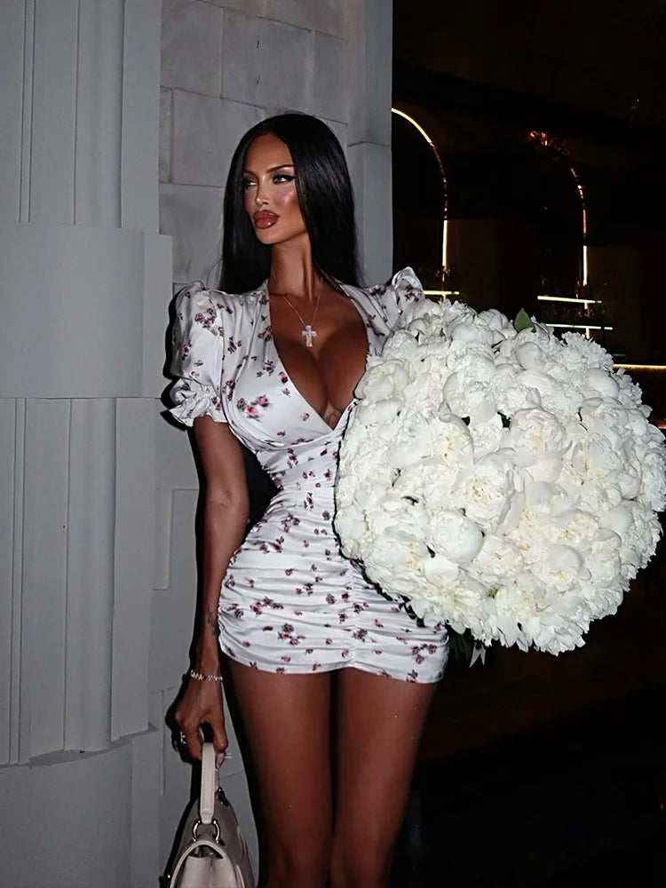 Women Bodycon Mini Dress | Floral Print Puff Sleeve V Neck Sheath
