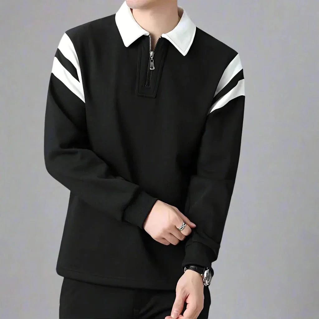 Men Cotton Blend Long Sleeve Polo Zipper
