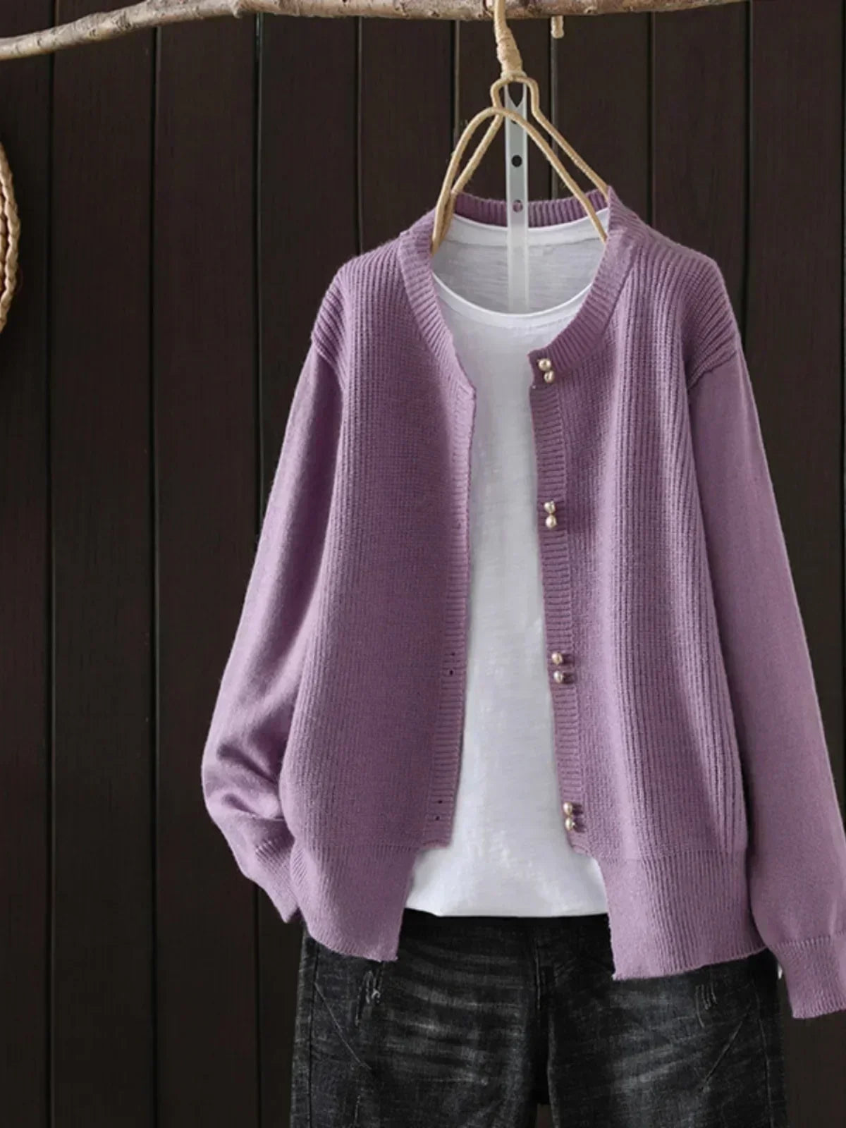 Women Cardigan Pearl Button Crew Neck Relaxed Fit