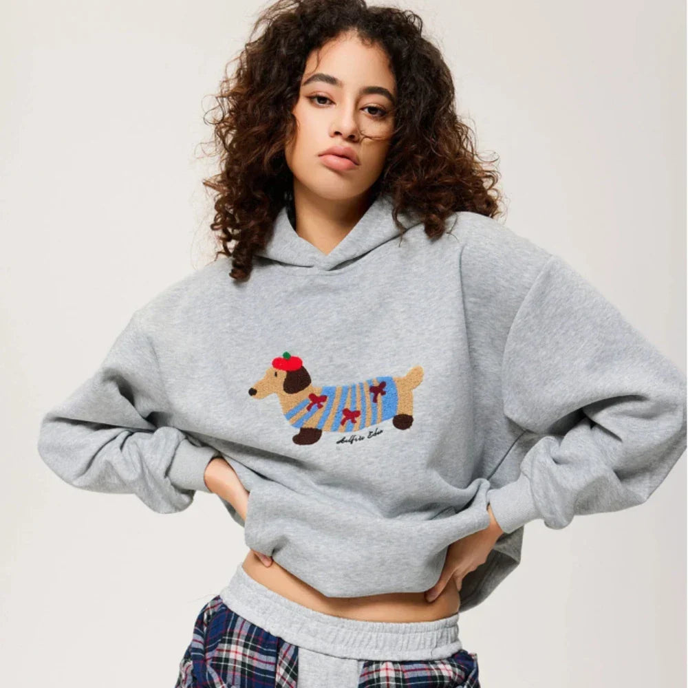 Nina | Unisex Oversized Hoodie | Dachshund Embroidery, Kangaroo Pocket