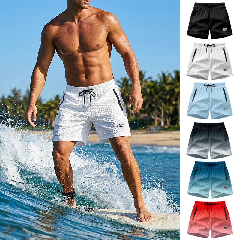 Men Swim Shorts Seersucker Quick Dry Mesh Lined Zipper Pockets