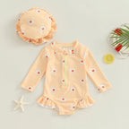 Kids Rash Guard Set Girls Long Sleeve Flower Print Swimsuit Hat